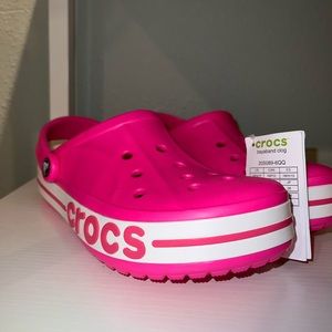 Hot Pink Bayaband Clog Crocs with White Stripes 8M/10W